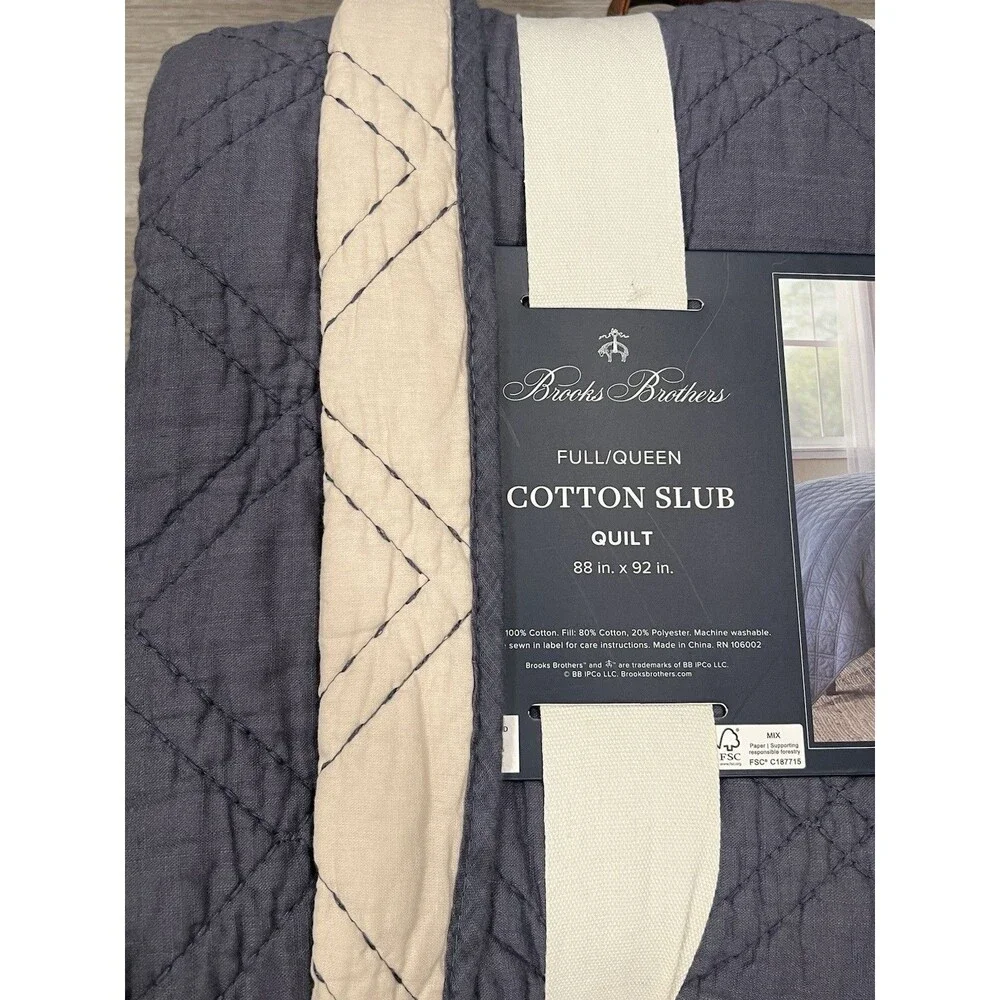 Brooks Brothers Cotton Slub Quilt FULL QUEEN Dark Blue Diamond Stitch Reversible